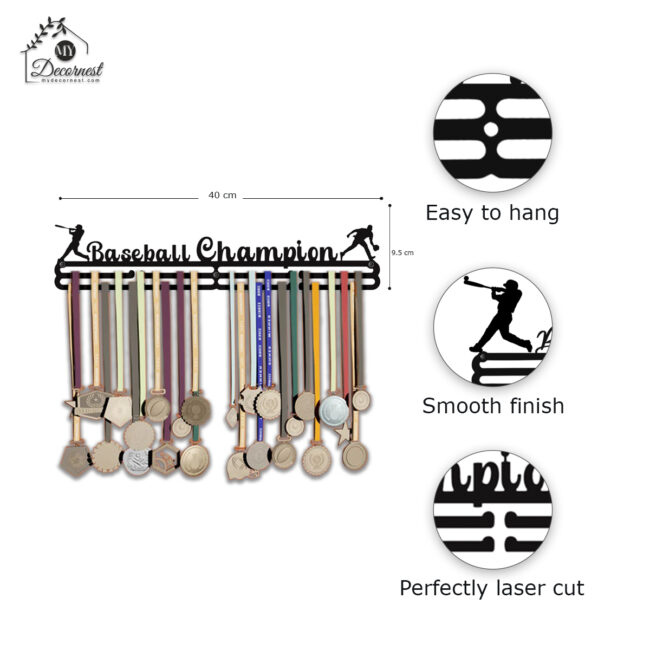 Baseball Champion Medal Hanger | Hangs Up to 60 Medals | Sports Medal Wall Display | Medal Holder | Black Glossy Finish Medal - Image 4