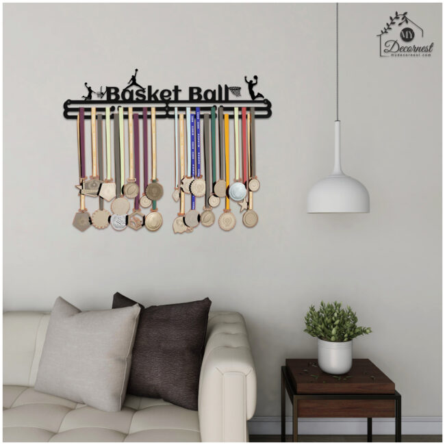 Basket Ball Medal hanger | Hangs Up to 60 Medals | Sports Medal Wall Display | Medal Holder| Black Glossy Finish Medal