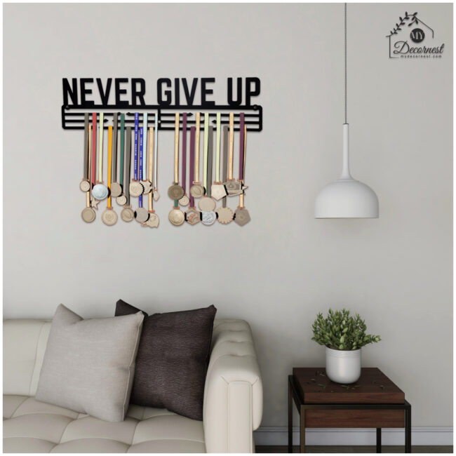 Never Give Up Medal Hanger | Hangs Up to 60 Medals | Sports Medal Wall Display | Medal Holder | Black Glossy Finish Medal