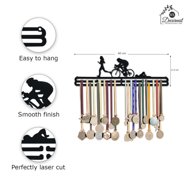 Cycle Running Medal Hanger | Hangs Up to 60 Medals| Sports Medal Wall Display | Medal Holder|  Black Glossy Finish Medal - Image 2