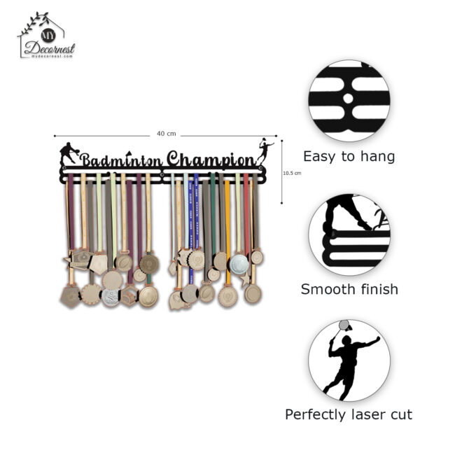 Badminton Champion Medal Hanger | Hangs Up to 60 Medals | Sports Medal Wall Display | Medal Holder | Black Glossy Finish Medal - Image 4