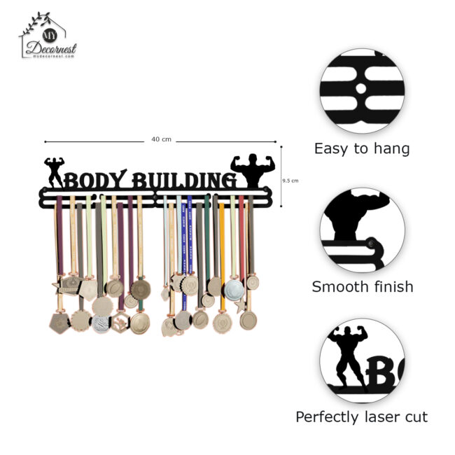 Body Building Medal Hanger | Hangs Up to 60 Medals | Sports Medal Wall Display | Medal Holder| Black Glossy Finish Medal - Image 4