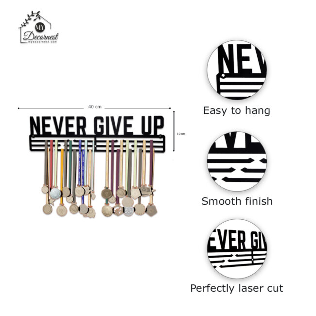 Never Give Up Medal Hanger | Hangs Up to 60 Medals | Sports Medal Wall Display | Medal Holder | Black Glossy Finish Medal - Image 4