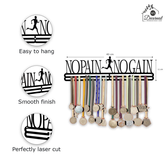 No Pain No Gain Medal Hanger| Hangs Up to 60 Medals  | Sports Medal Wall Display | Medal Holder| Black Glossy Finish Medal - Image 4