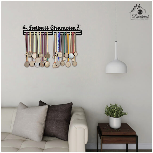 Football Champion Medal Hanger| Hangs Up to 60 Medals | Sports Medal Wall Display | Medal Holder | Black Glossy Finish Medal