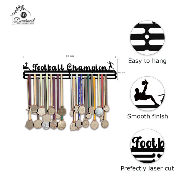 Football Champion Medal Hanger| Hangs Up to 60 Medals | Sports Medal Wall Display | Medal Holder | Black Glossy Finish Medal - Image 4