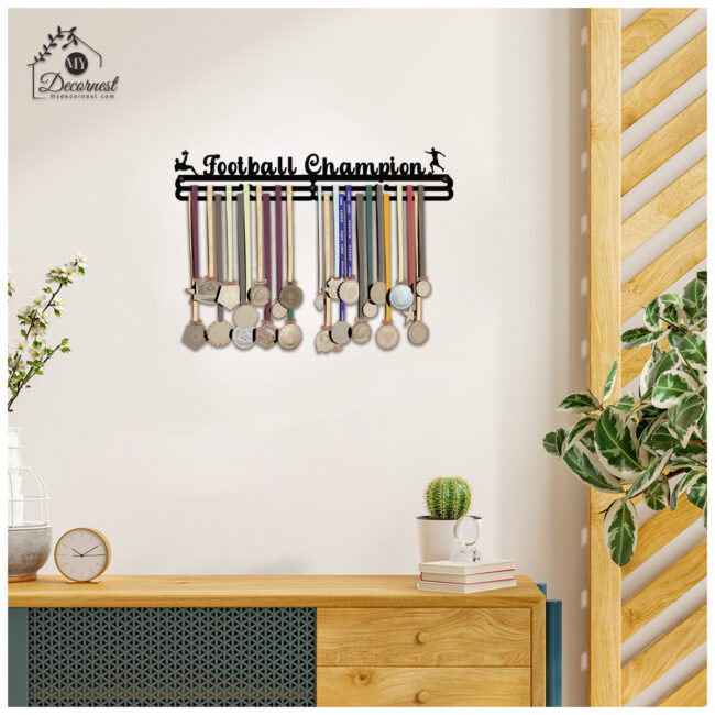 Football Champion Medal Hanger| Hangs Up to 60 Medals | Sports Medal Wall Display | Medal Holder | Black Glossy Finish Medal - Image 6